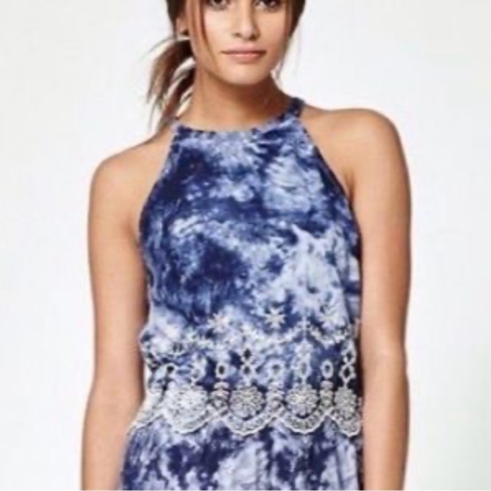 Kendall & Kylie Blue Tie Dye Graphic Embellished Embroidered Boho Tank Top
